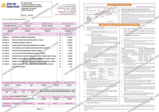 Indian bank credit card statement 2 pages